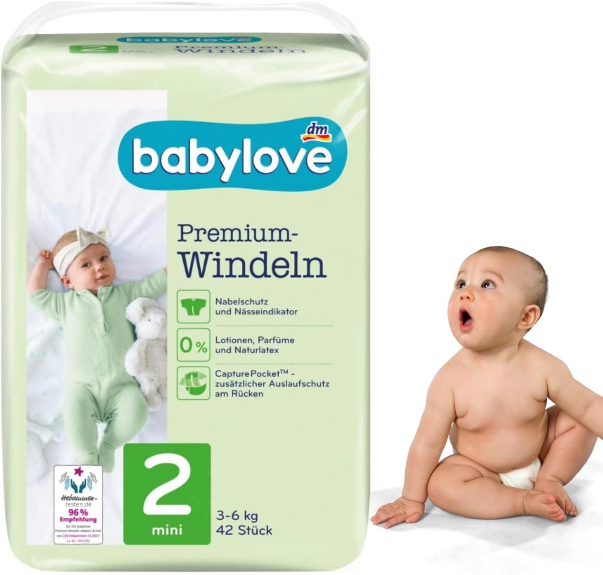 Babylove Premium couches bébé n°2 Mini (3-6 kg) 42 u Protection renforcée contre les fuites Absorption efficace jusqu’à 8 h