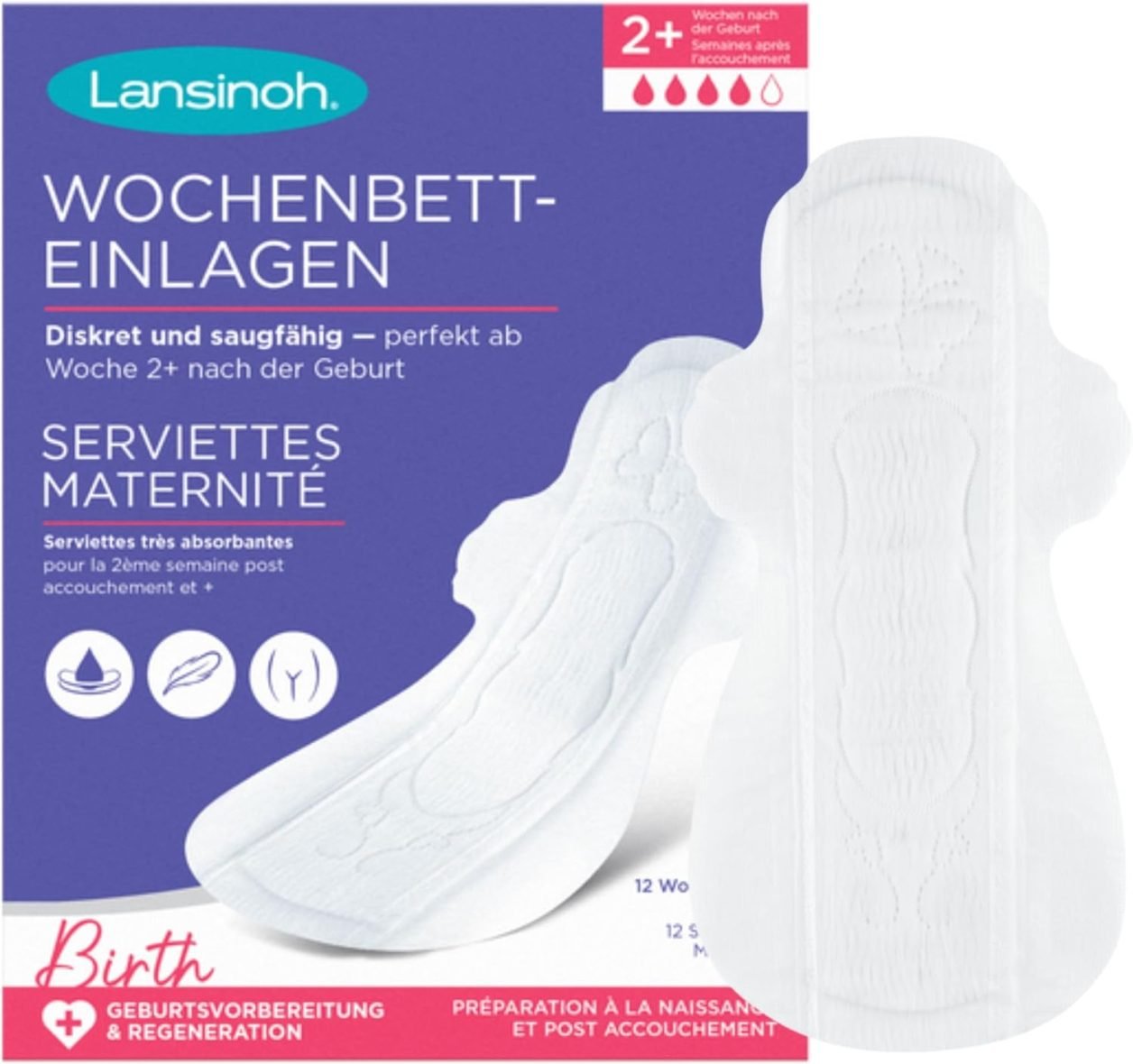 Lansinoh Serviettes Maternité Post-Partum M +2 Semaines – Protection Absorbante Extra-Longue – 12 unités